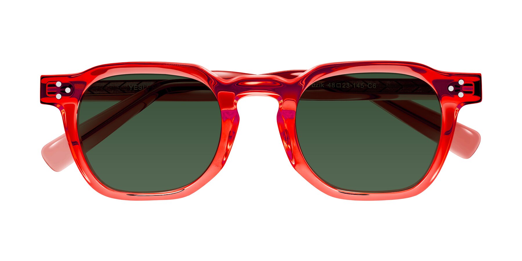 Folded Front of Muzik in Coral to Vermilion Shift with Green Tinted Lenses