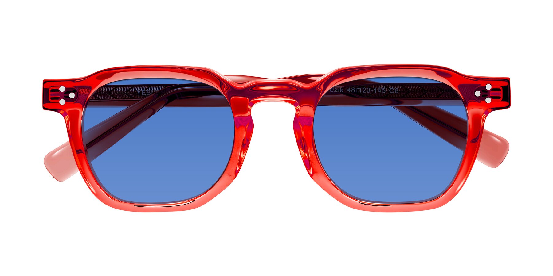 Folded Front of Muzik in Coral to Vermilion Shift with Blue Tinted Lenses