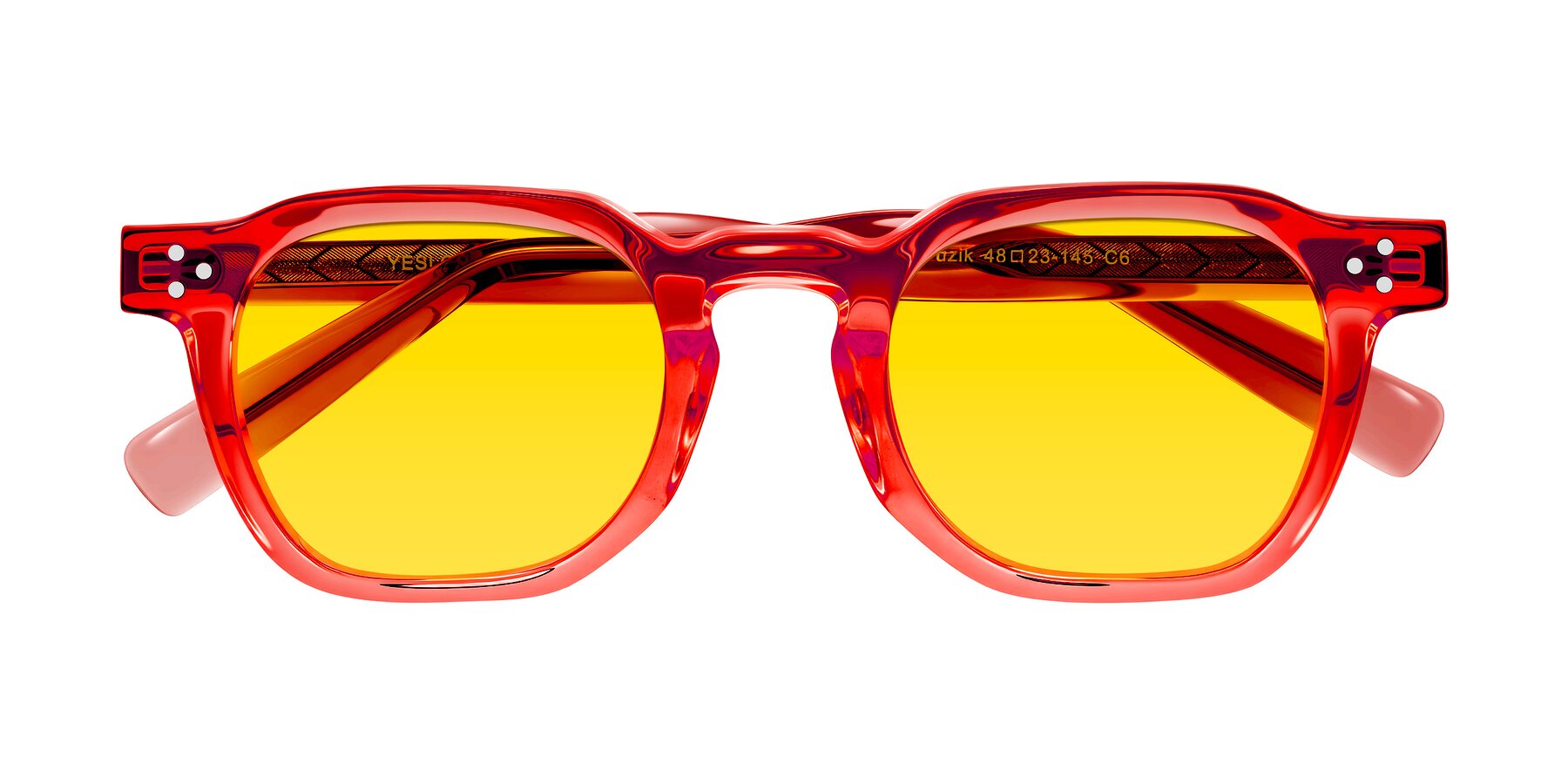 Folded Front of Muzik in Coral to Vermilion Shift with Yellow Tinted Lenses