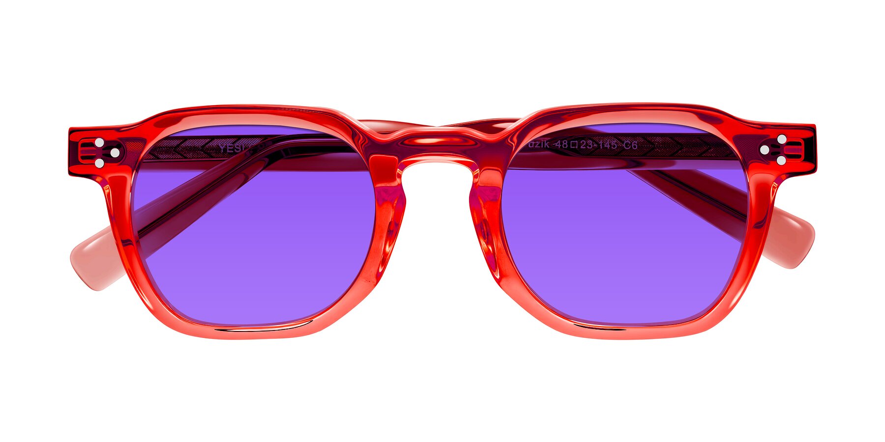 Folded Front of Muzik in Coral to Vermilion Shift with Purple Tinted Lenses