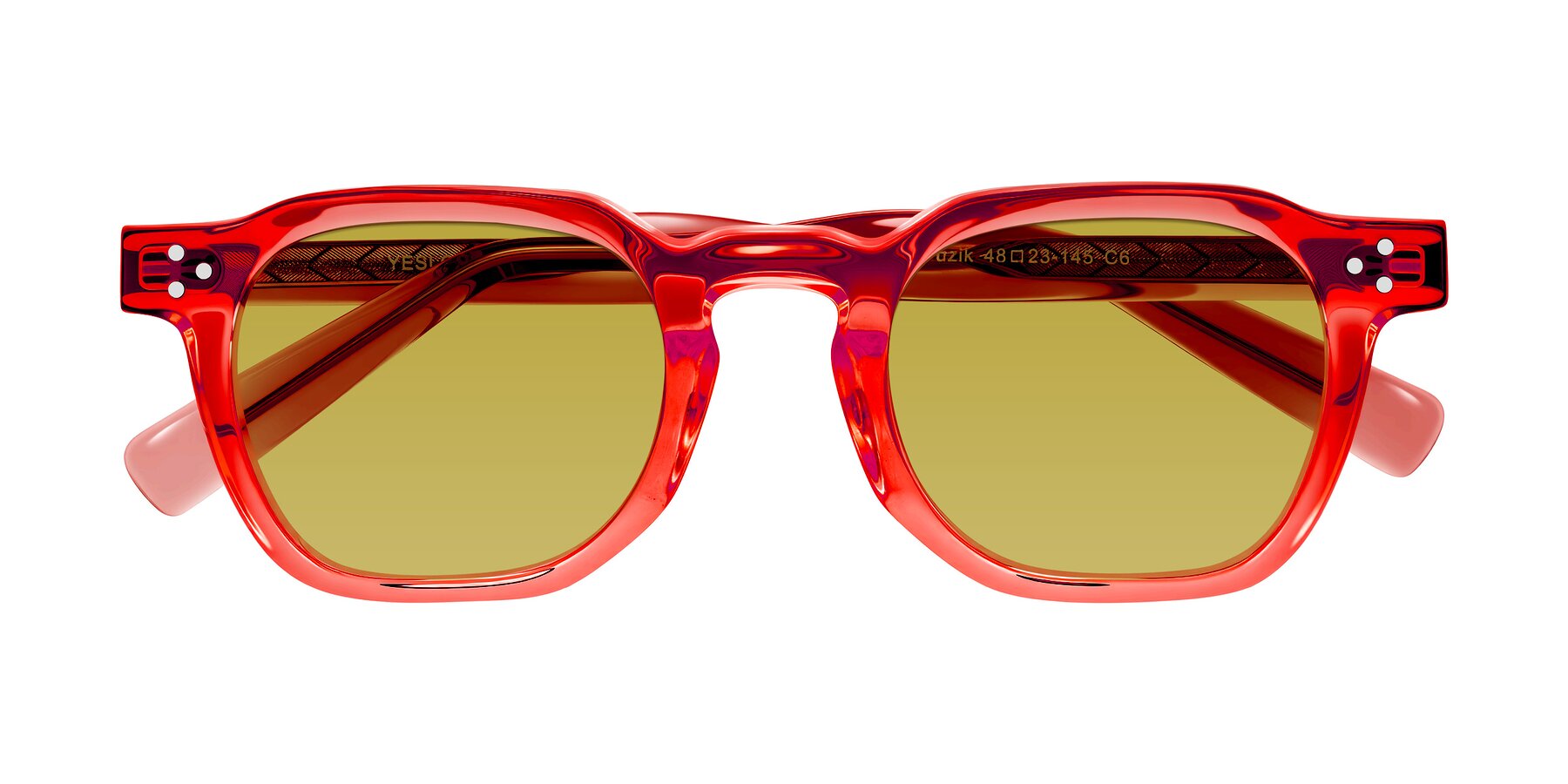 Folded Front of Muzik in Coral to Vermilion Shift with Champagne Tinted Lenses