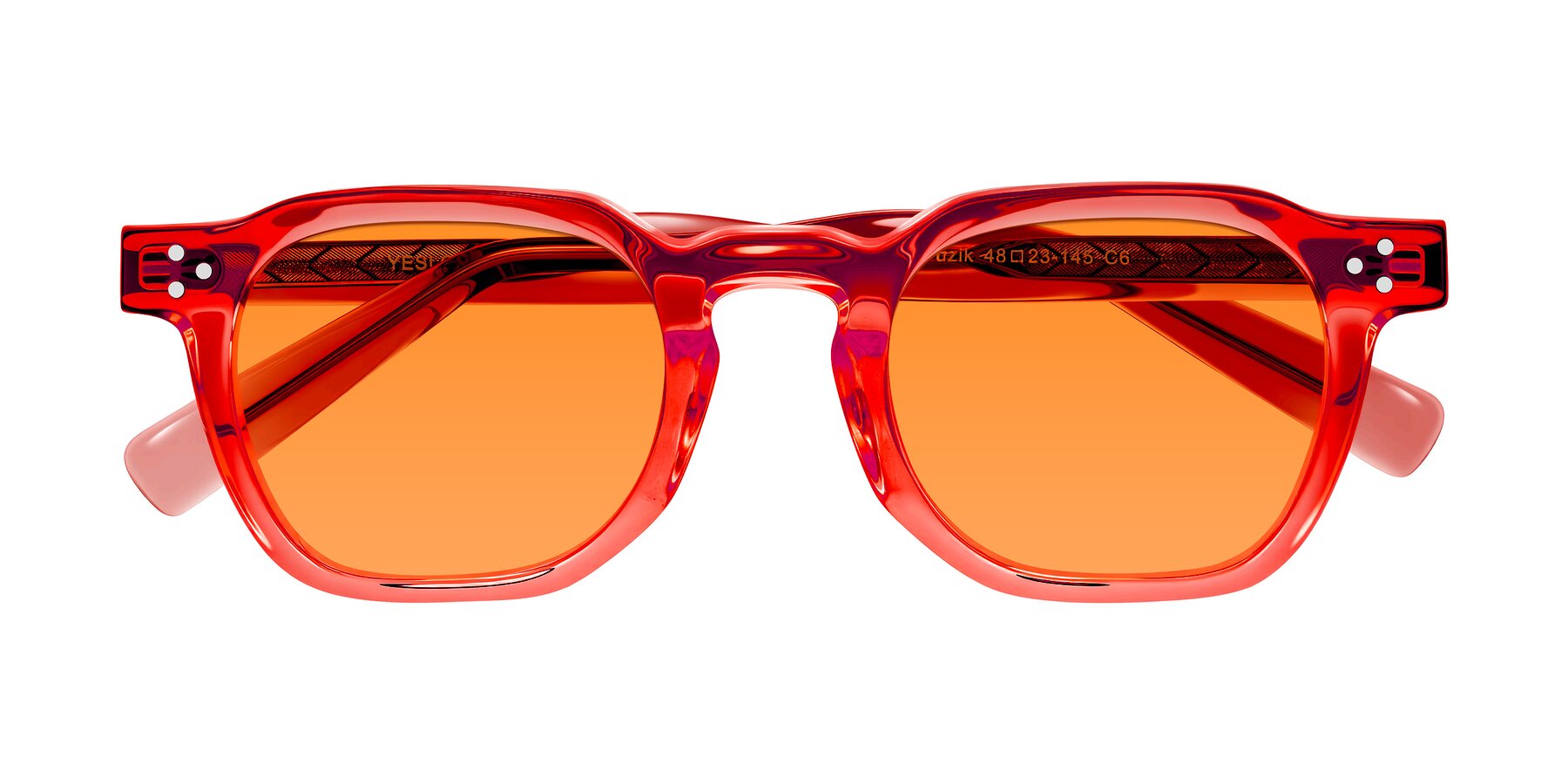 Folded Front of Muzik in Coral to Vermilion Shift with Orange Tinted Lenses