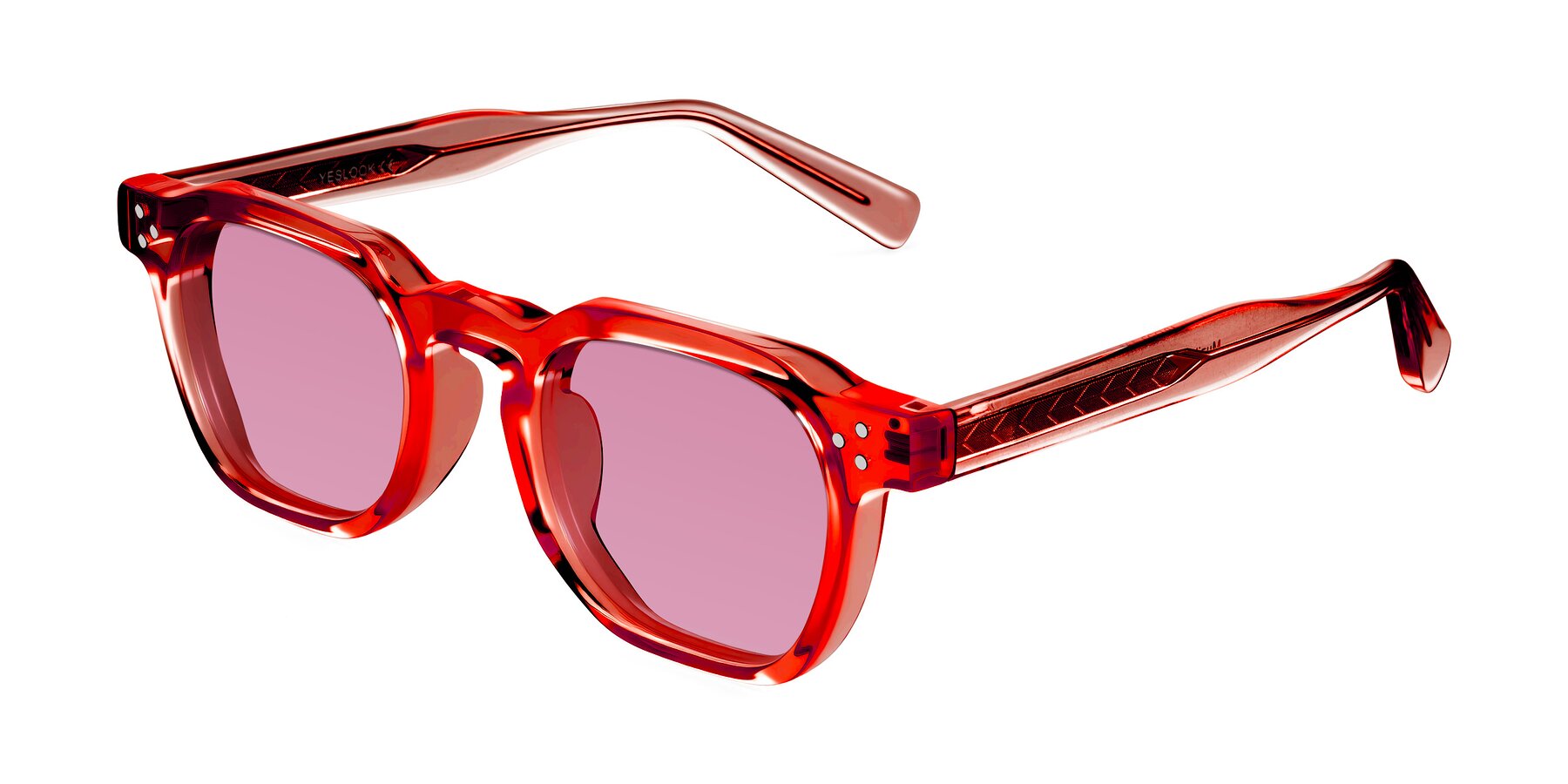 Angle of Muzik in Coral to Vermilion Shift with Medium Wine Tinted Lenses