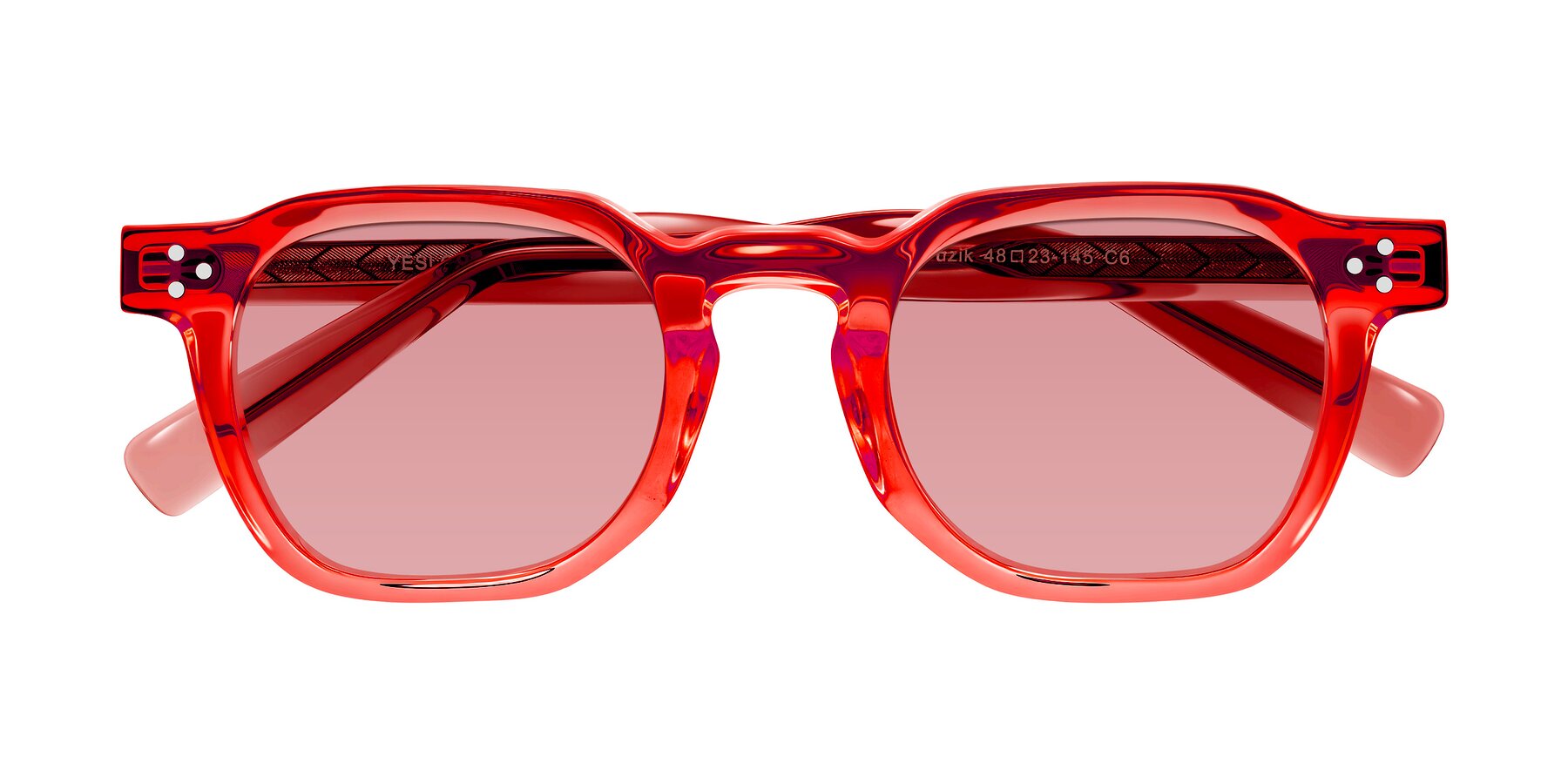 Folded Front of Muzik in Coral to Vermilion Shift with Medium Garnet Tinted Lenses