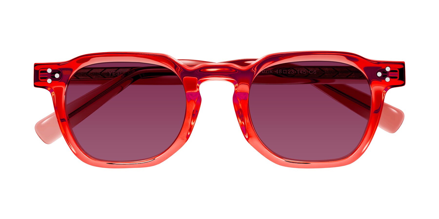 Folded Front of Muzik in Coral to Vermilion Shift with Wine Tinted Lenses