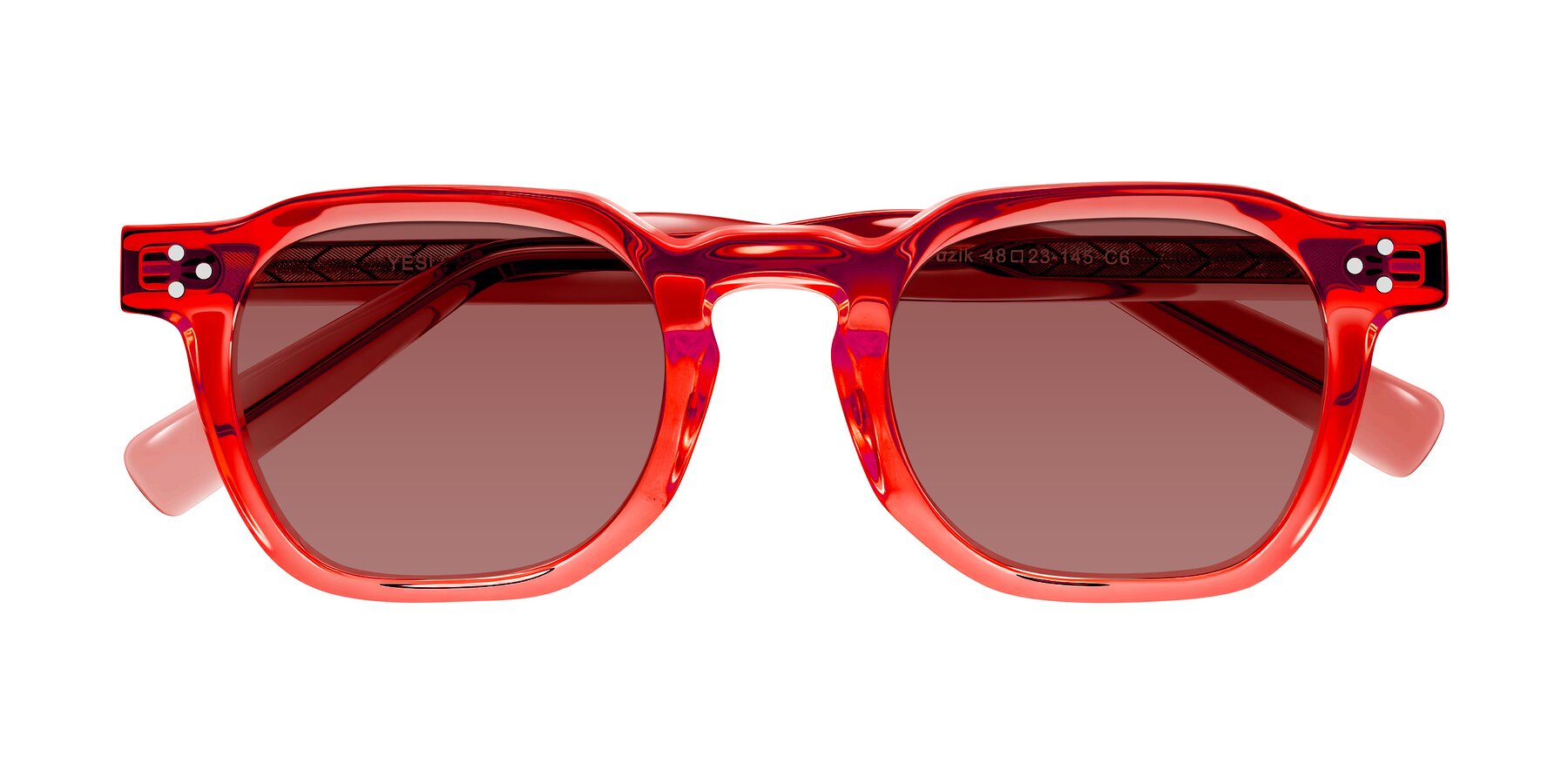 Folded Front of Muzik in Coral to Vermilion Shift with Garnet Tinted Lenses