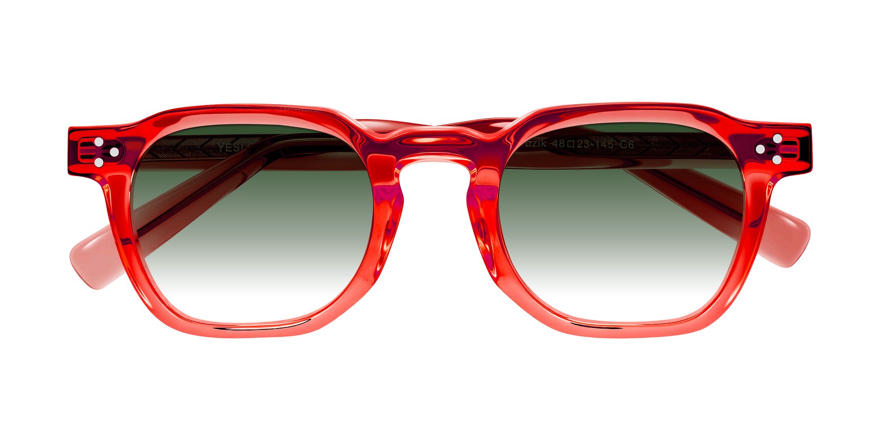 Folded Front of Muzik in Coral to Vermilion Shift with Green Gradient Lenses