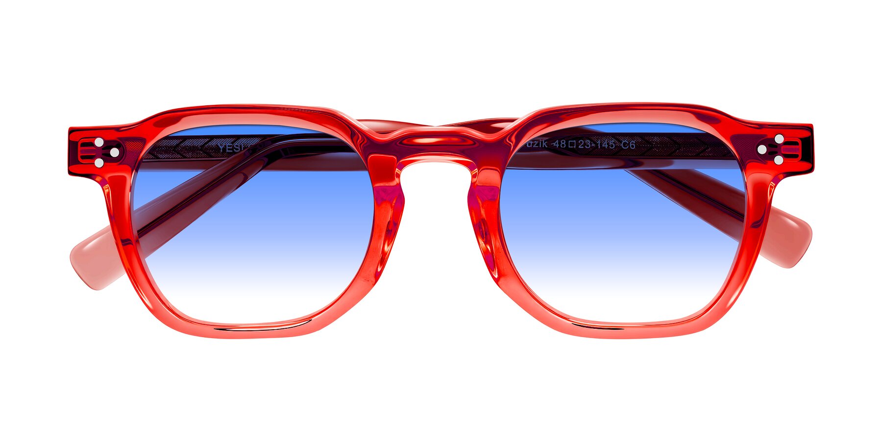 Folded Front of Muzik in Coral to Vermilion Shift with Blue Gradient Lenses