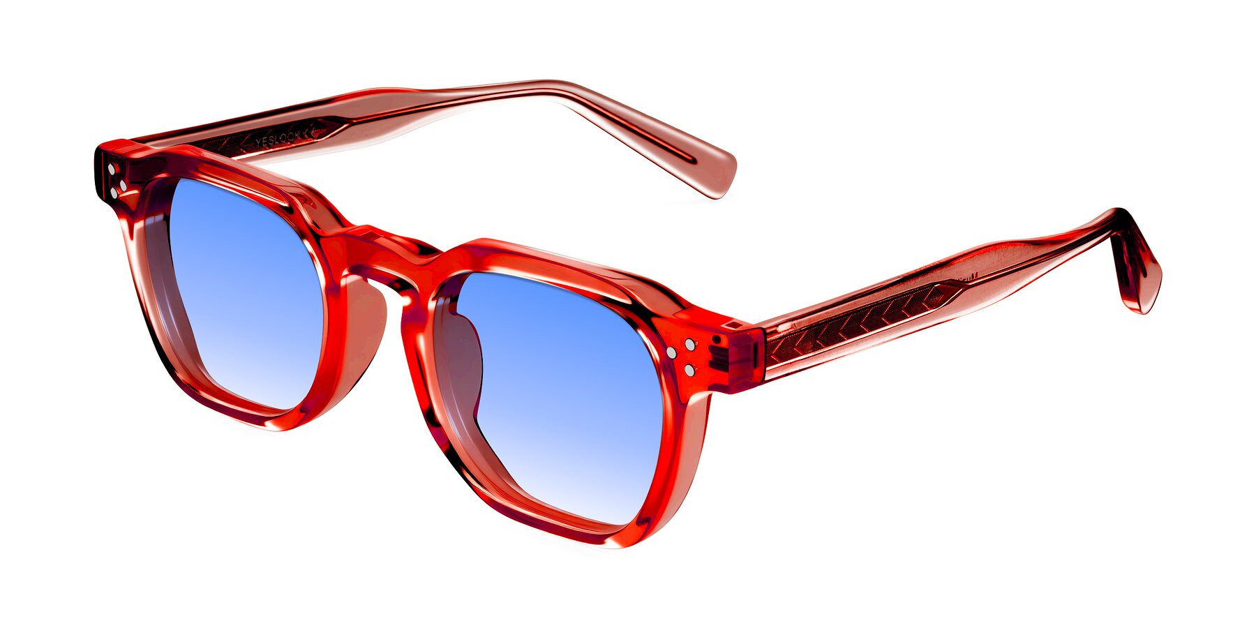 Angle of Muzik in Coral to Vermilion Shift with Blue Gradient Lenses