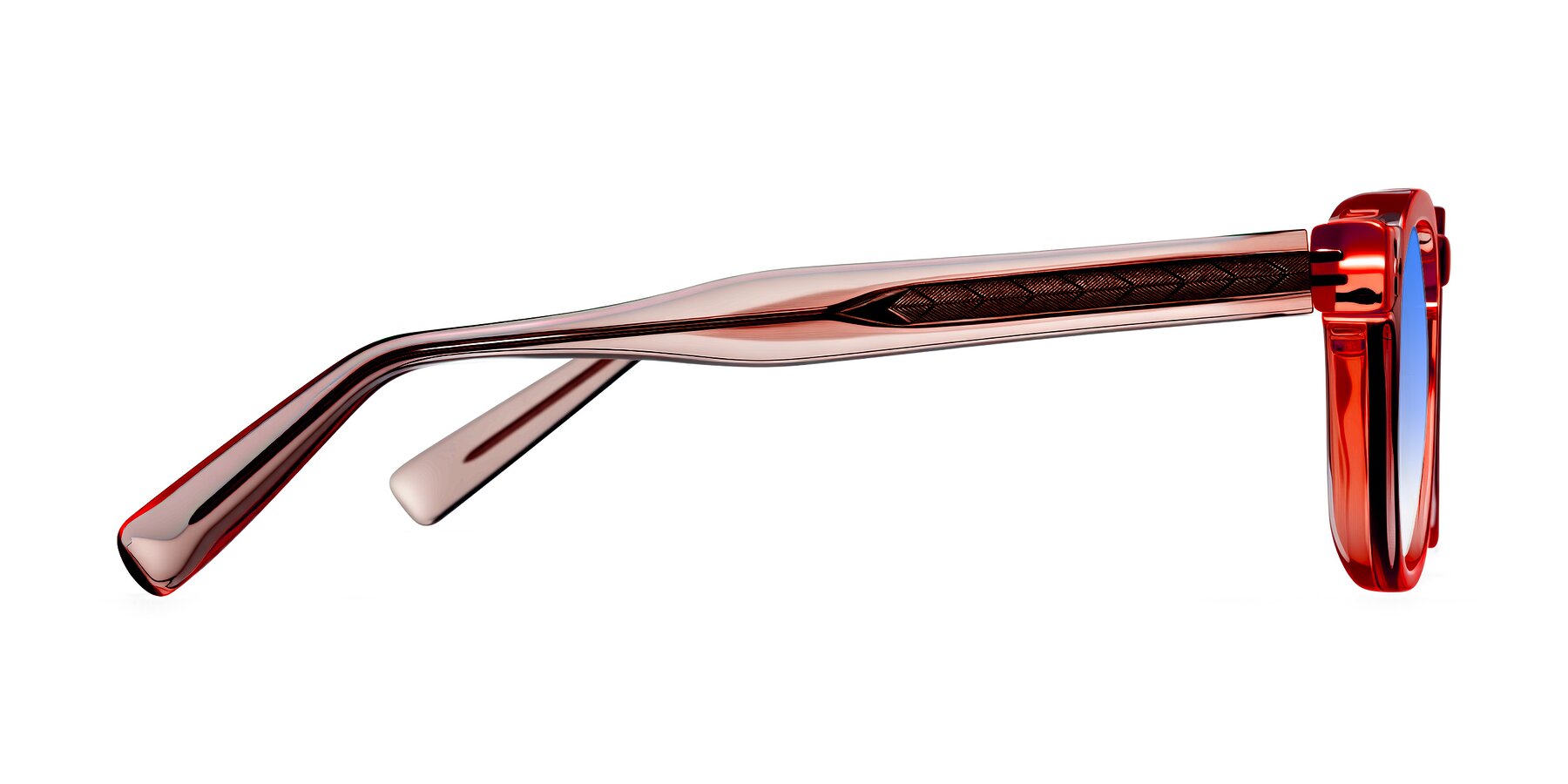 Side of Muzik in Coral to Vermilion Shift with Blue Gradient Lenses