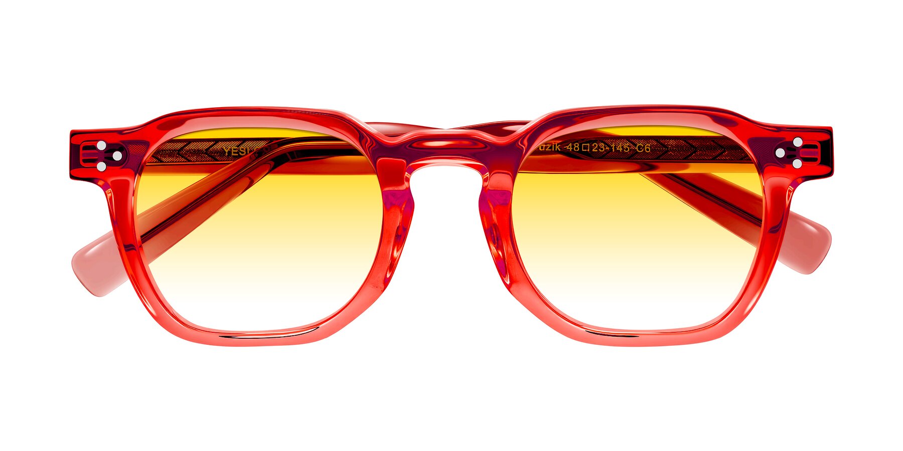 Folded Front of Muzik in Coral to Vermilion Shift with Yellow Gradient Lenses