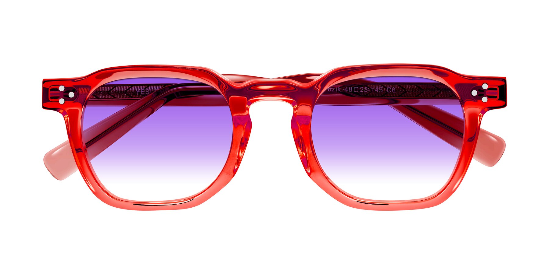 Folded Front of Muzik in Coral to Vermilion Shift with Purple Gradient Lenses