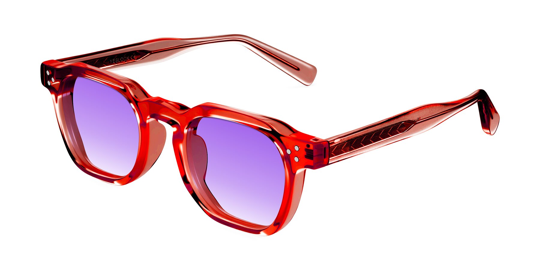 Angle of Muzik in Coral to Vermilion Shift with Purple Gradient Lenses