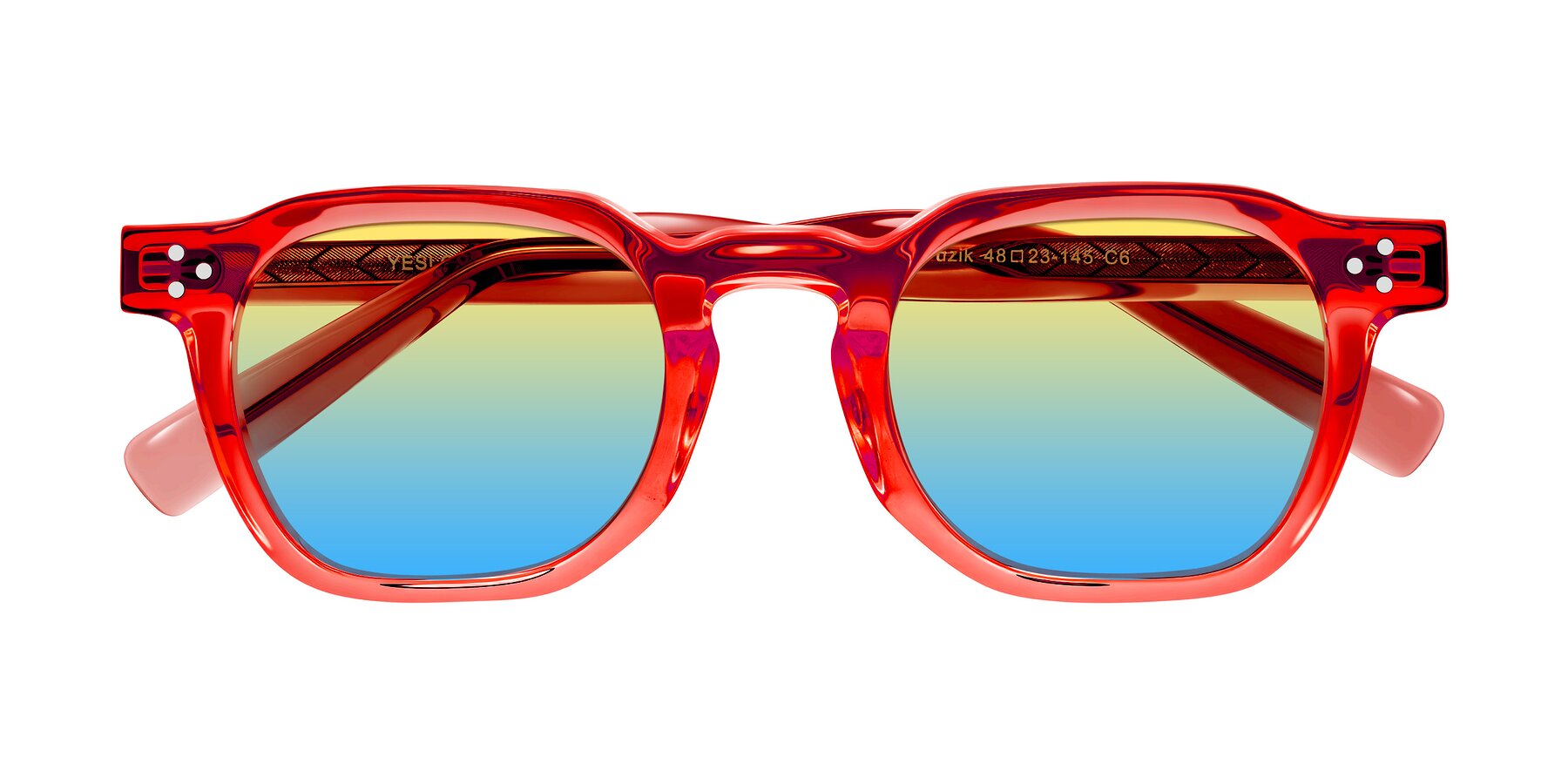 Folded Front of Muzik in Coral to Vermilion Shift with Yellow / Blue Gradient Lenses