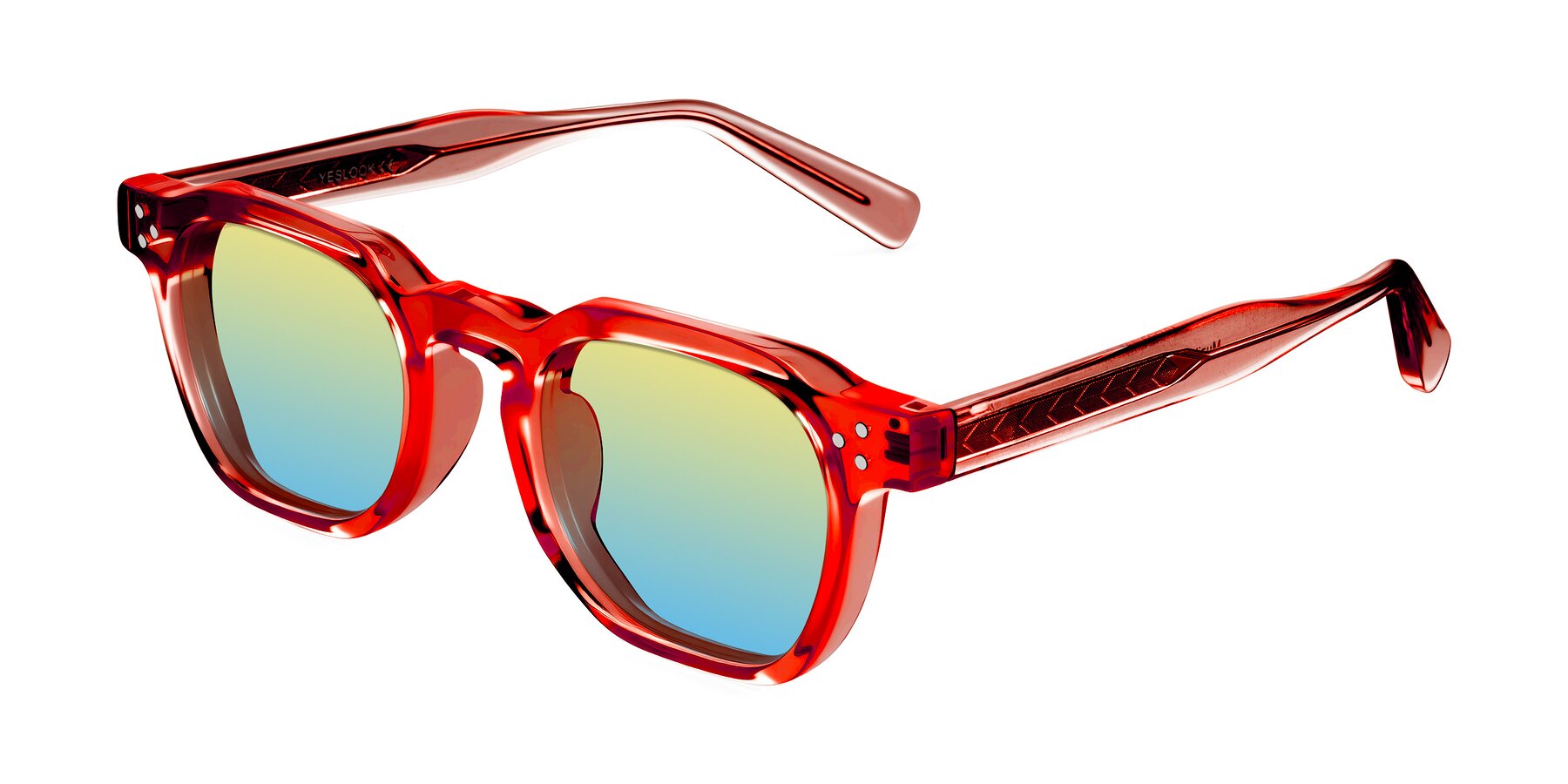Angle of Muzik in Coral to Vermilion Shift with Yellow / Blue Gradient Lenses
