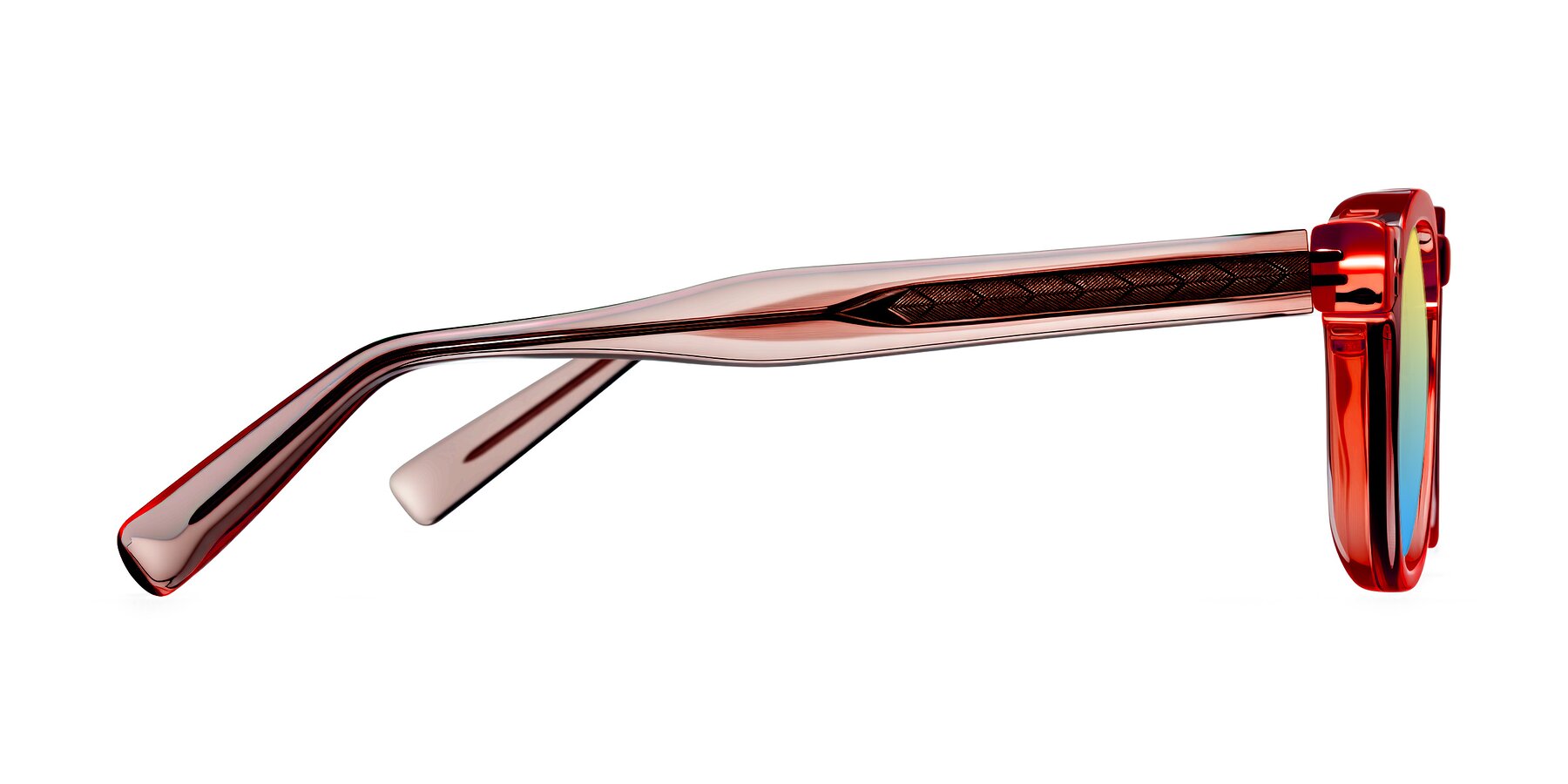 Side of Muzik in Coral to Vermilion Shift with Yellow / Blue Gradient Lenses