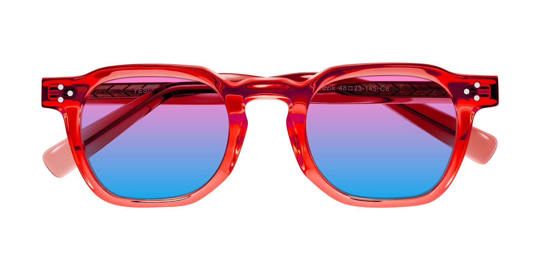 Folded Front of Muzik in Coral to Vermilion Shift with Pink / Blue Gradient Lenses