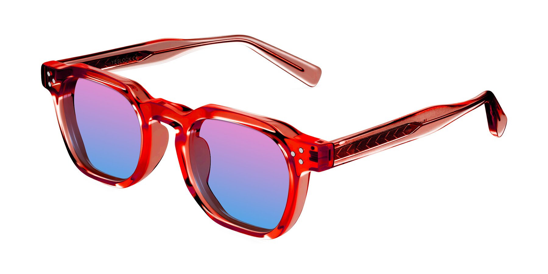 Angle of Muzik in Coral to Vermilion Shift with Pink / Blue Gradient Lenses