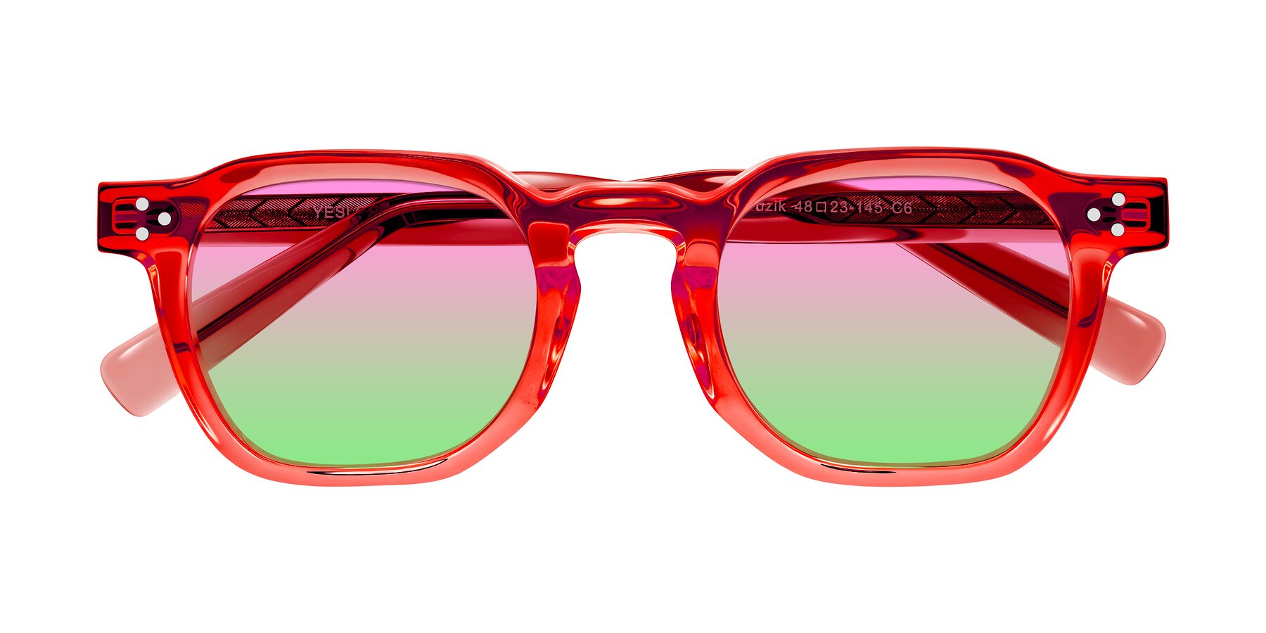Folded Front of Muzik in Coral to Vermilion Shift with Pink / Green Gradient Lenses