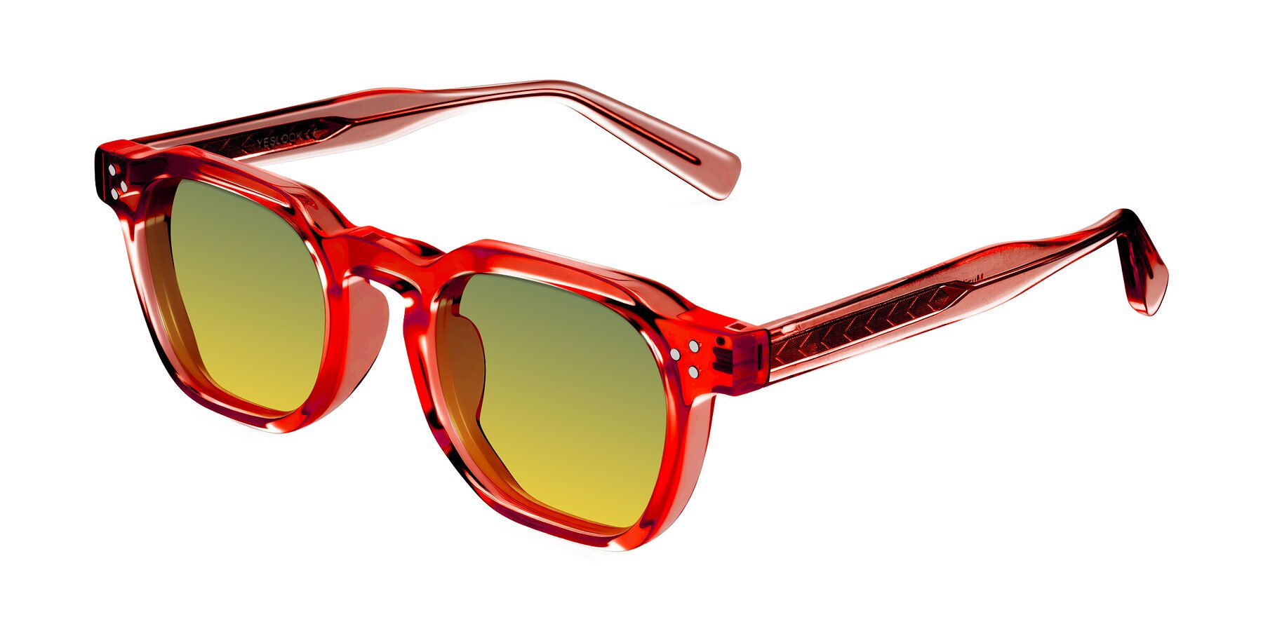 Angle of Muzik in Coral to Vermilion Shift with Green / Yellow Gradient Lenses