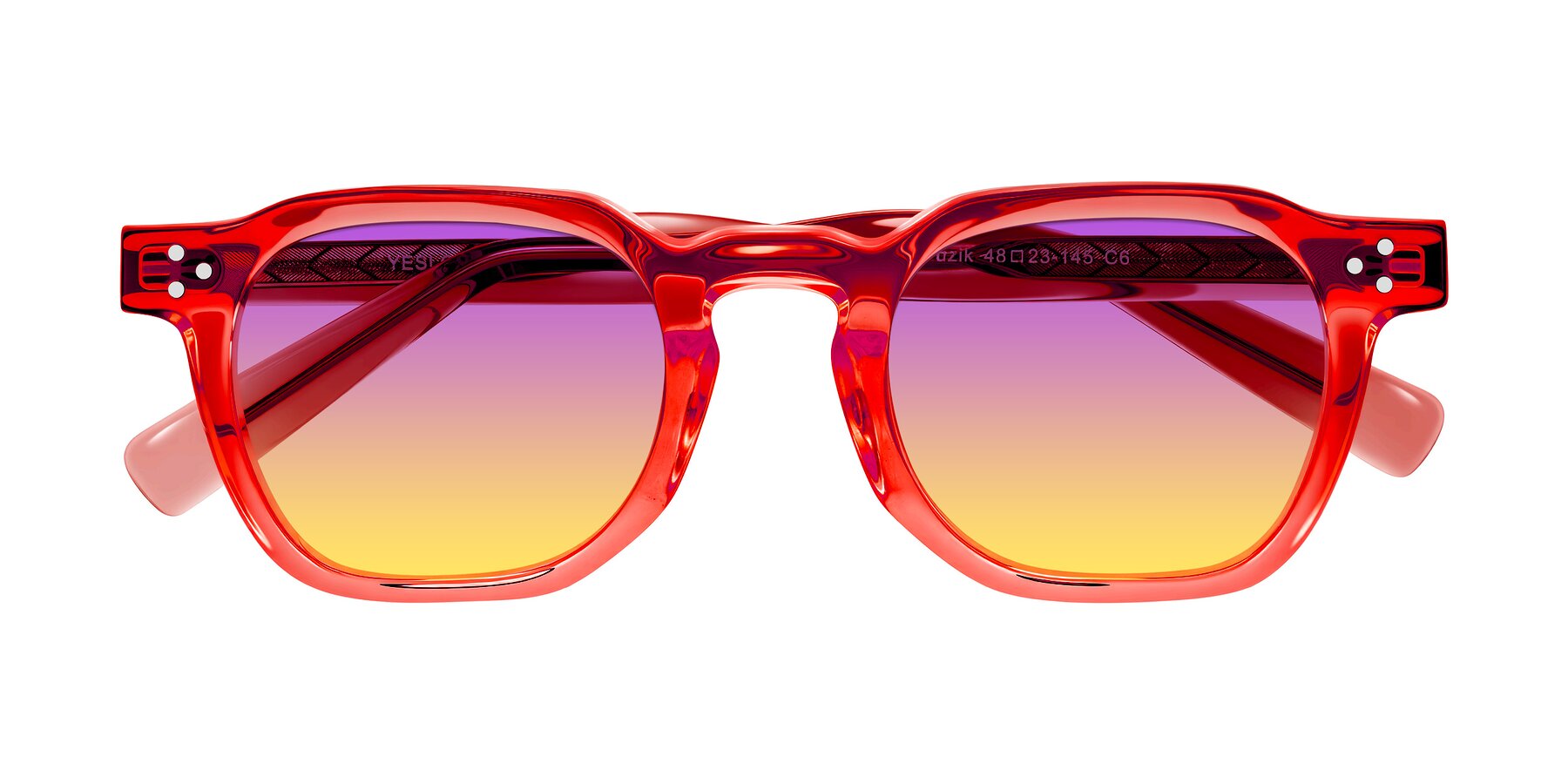 Folded Front of Muzik in Coral to Vermilion Shift with Purple / Yellow Gradient Lenses