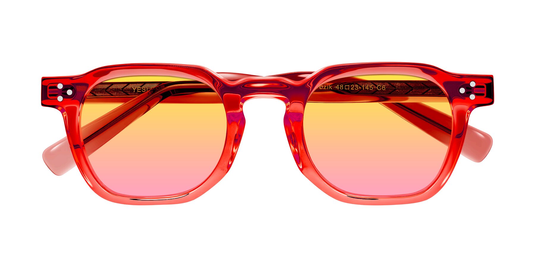 Folded Front of Muzik in Coral to Vermilion Shift with Yellow / Pink Gradient Lenses