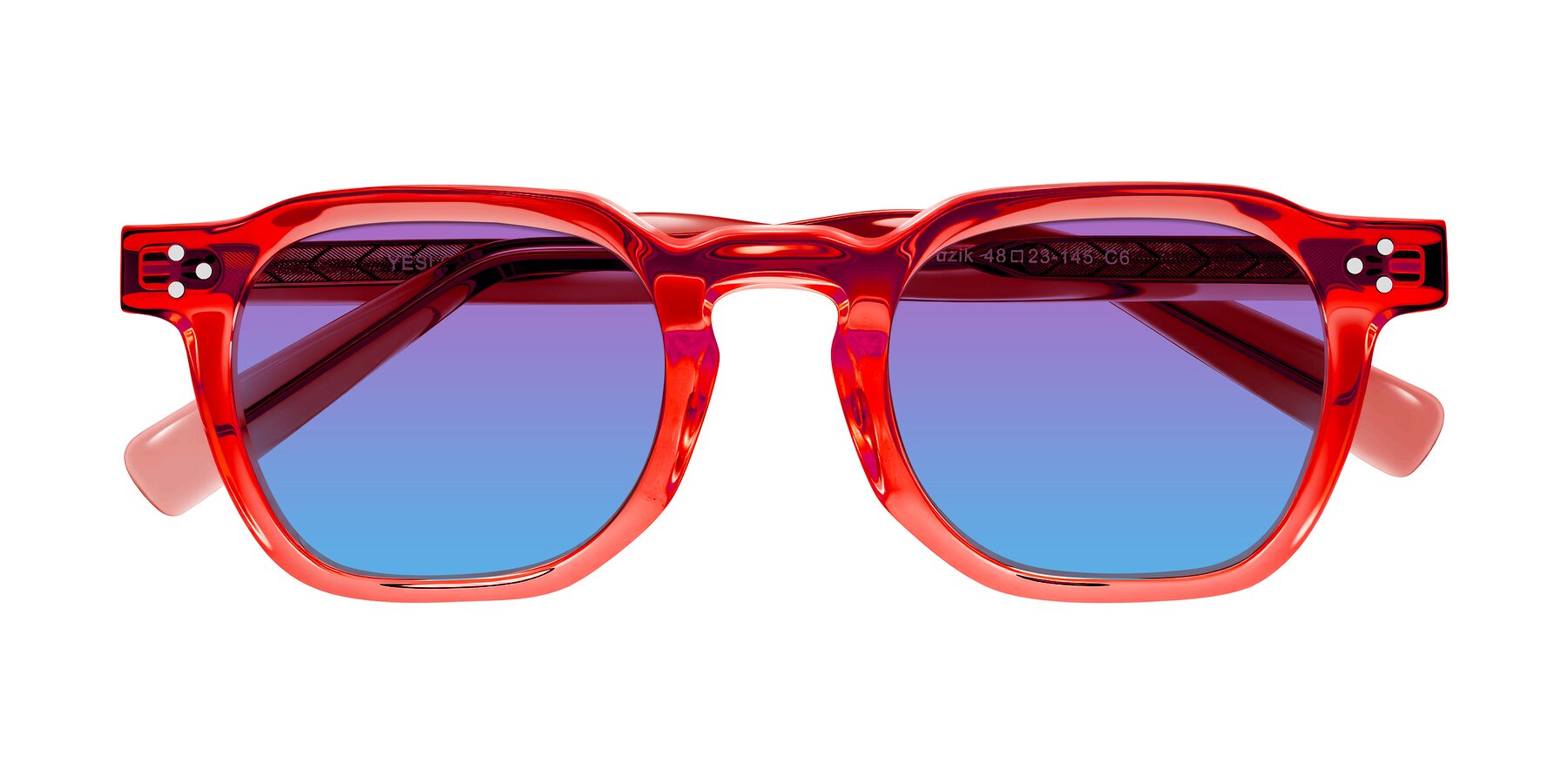 Folded Front of Muzik in Coral to Vermilion Shift with Purple / Blue Gradient Lenses