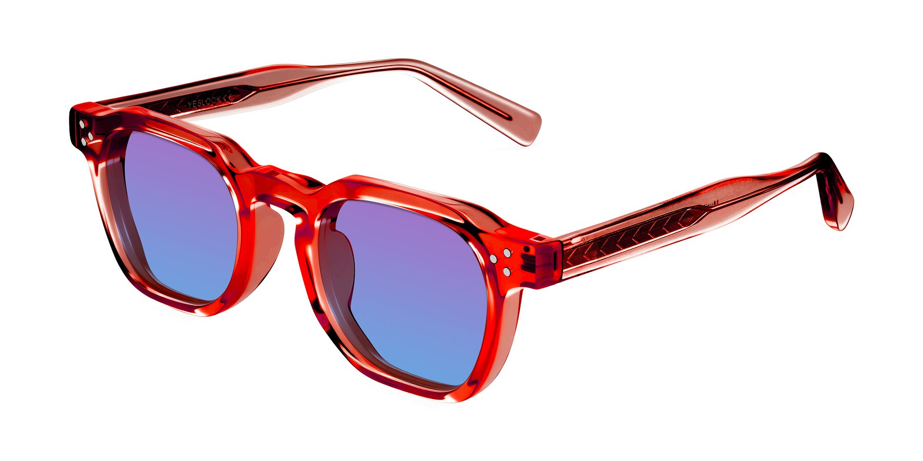 Angle of Muzik in Coral to Vermilion Shift with Purple / Blue Gradient Lenses