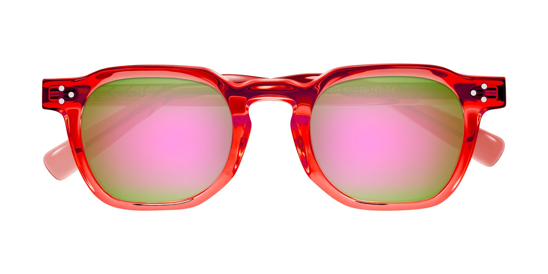 Folded Front of Muzik in Coral to Vermilion Shift with Pink Mirrored Lenses
