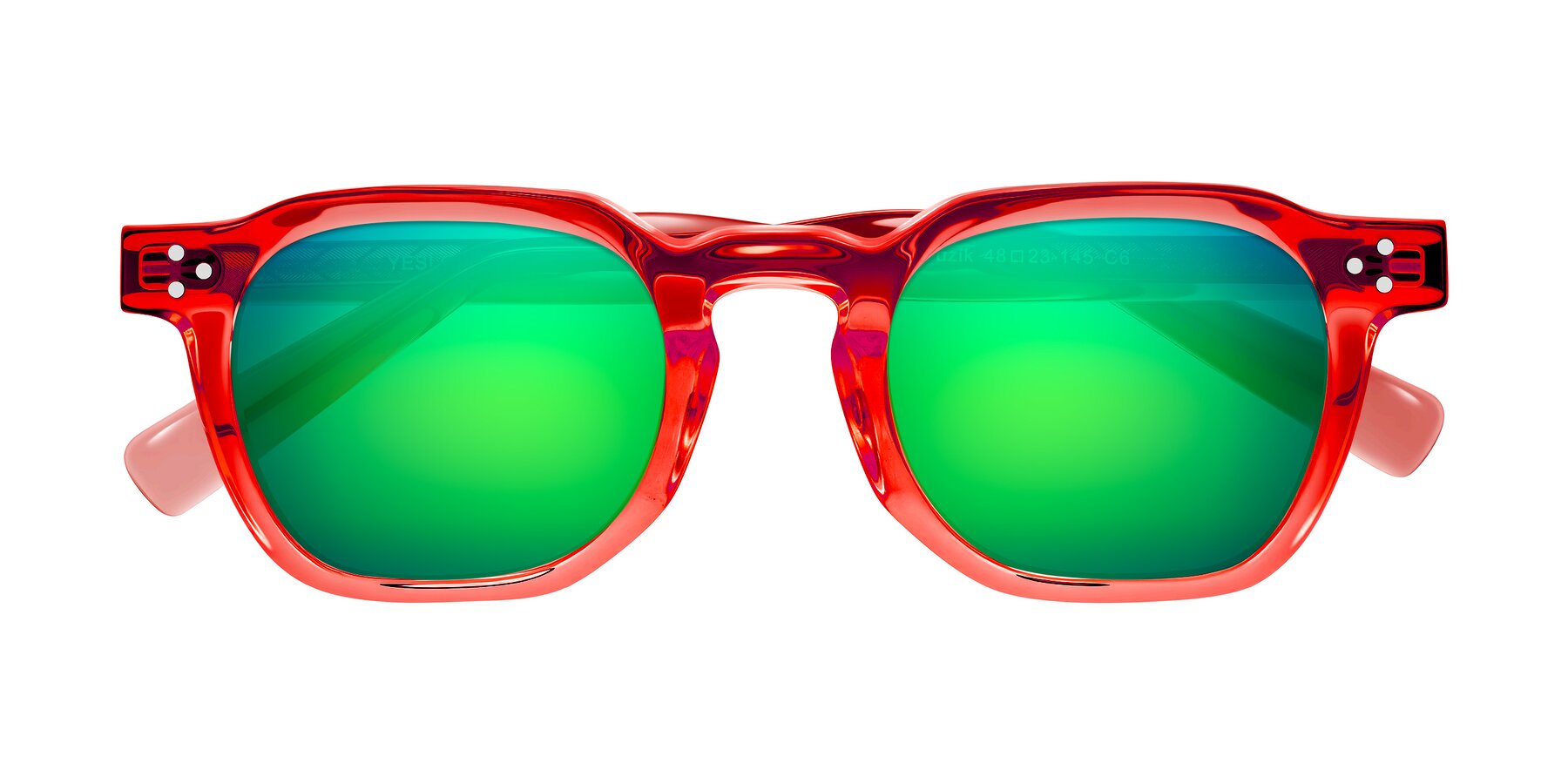 Folded Front of Muzik in Coral to Vermilion Shift with Green Mirrored Lenses