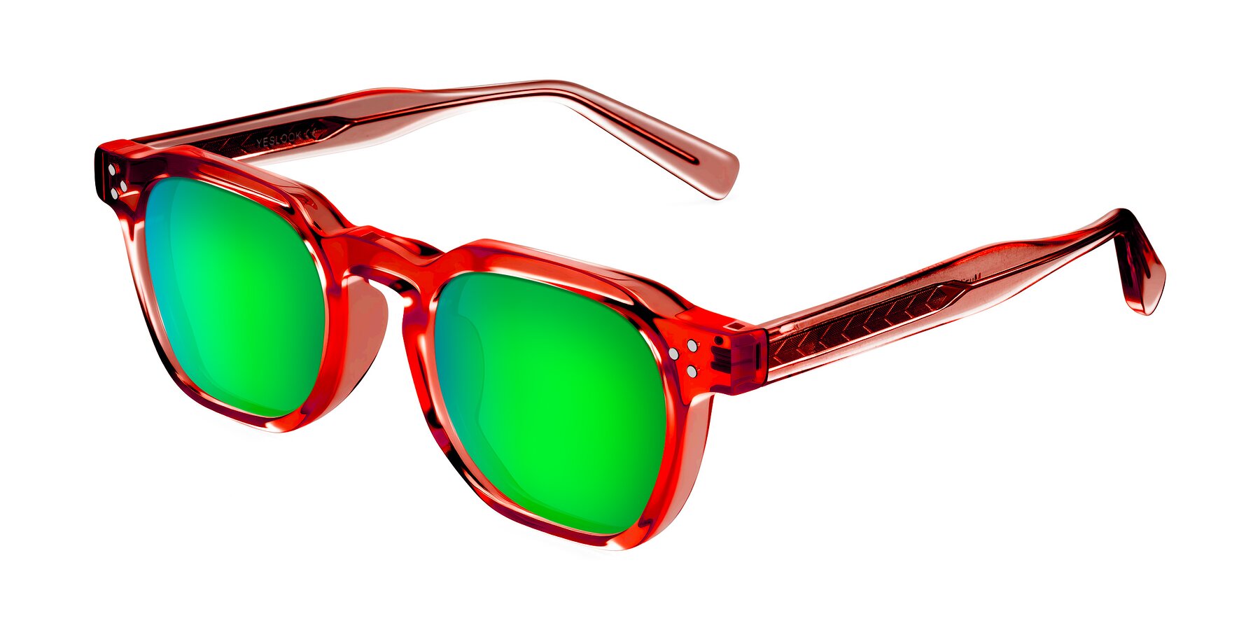 Angle of Muzik in Coral to Vermilion Shift with Green Mirrored Lenses