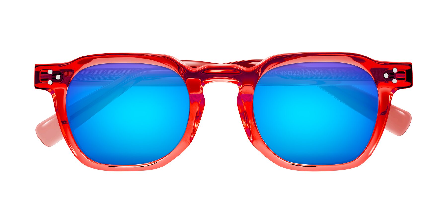 Folded Front of Muzik in Coral to Vermilion Shift with Blue Mirrored Lenses