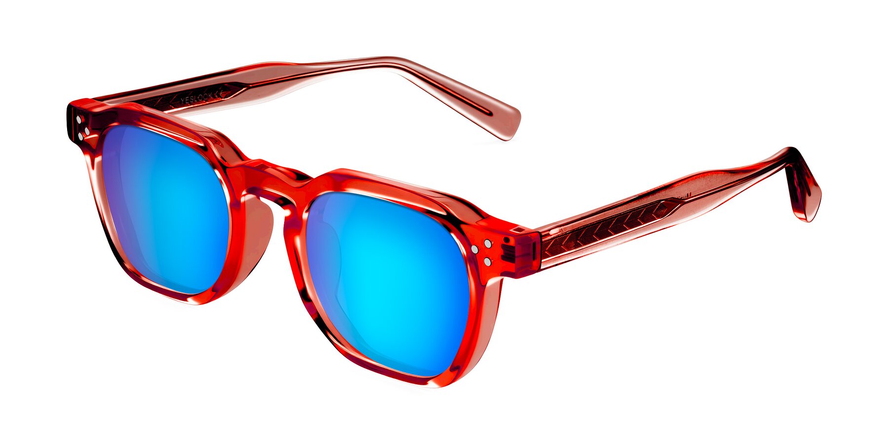 Angle of Muzik in Coral to Vermilion Shift with Blue Mirrored Lenses