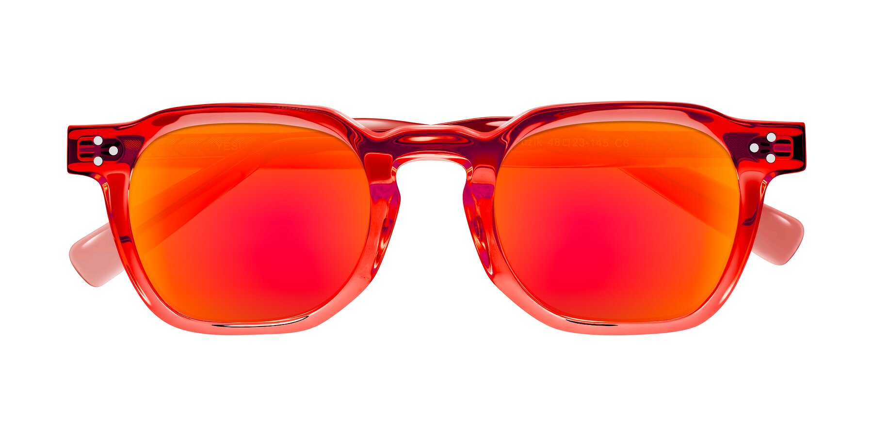 Folded Front of Muzik in Coral to Vermilion Shift with Red Gold Mirrored Lenses