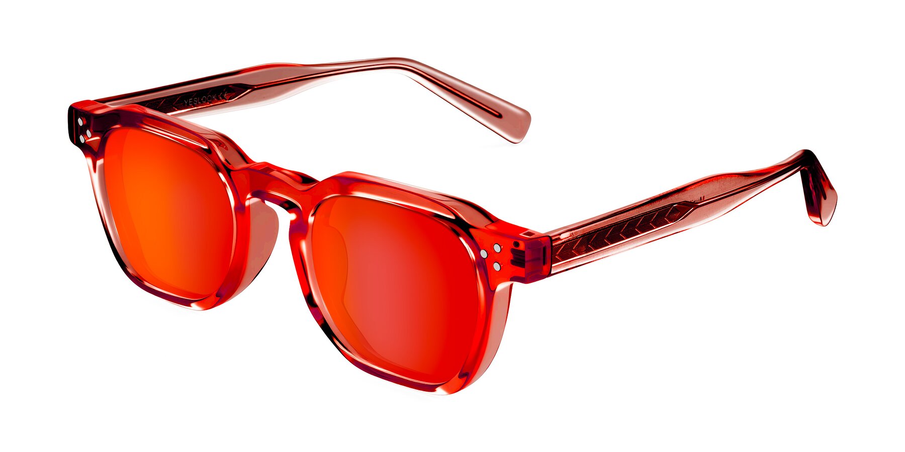 Angle of Muzik in Coral to Vermilion Shift with Red Gold Mirrored Lenses