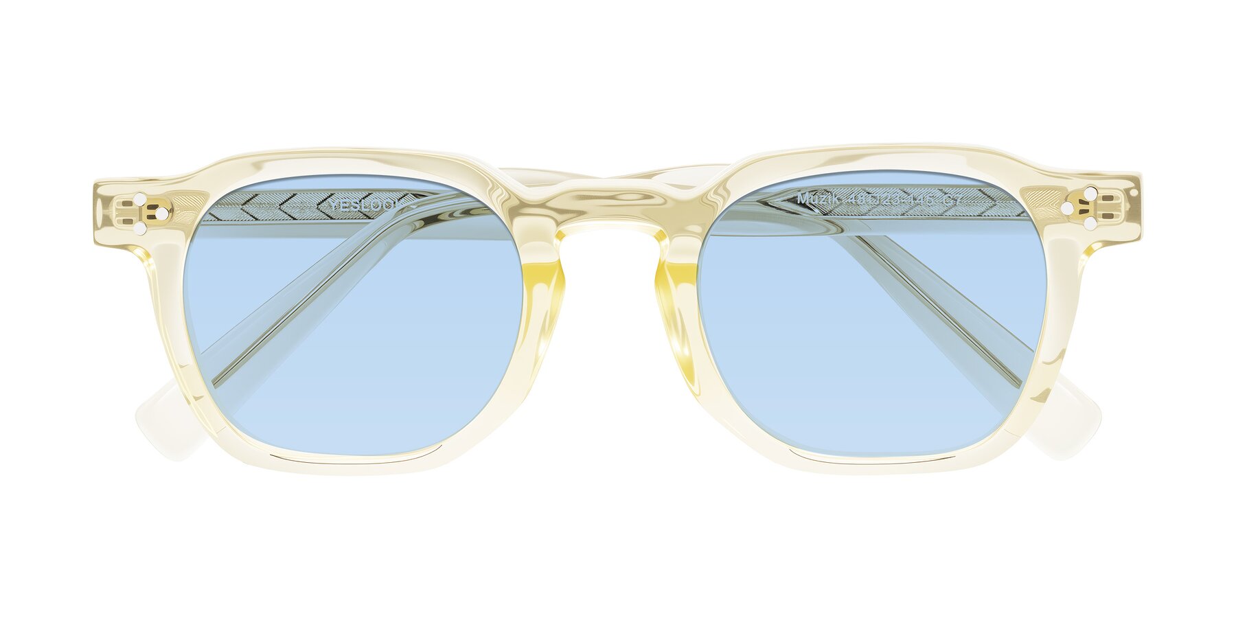 Folded Front of Muzik in Champagne to Dark Brown Shift with Light Blue Tinted Lenses