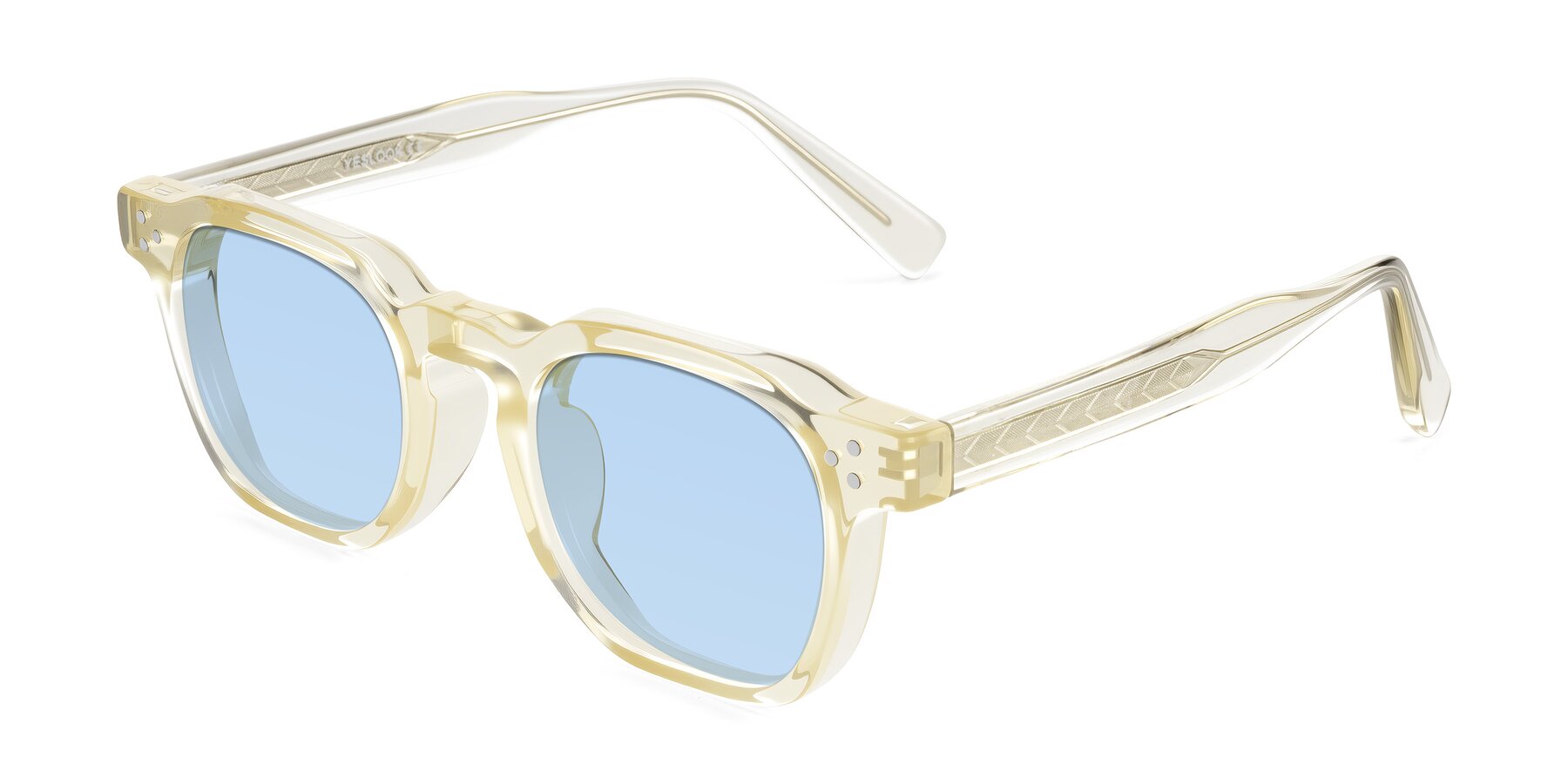 Angle of Muzik in Champagne to Dark Brown Shift with Light Blue Tinted Lenses