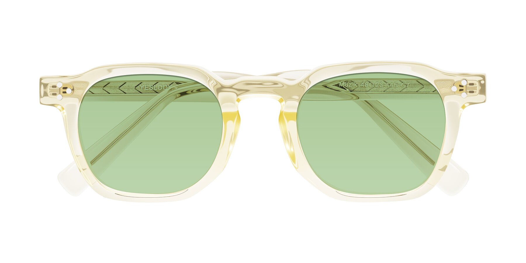Folded Front of Muzik in Champagne to Dark Brown Shift with Medium Green Tinted Lenses