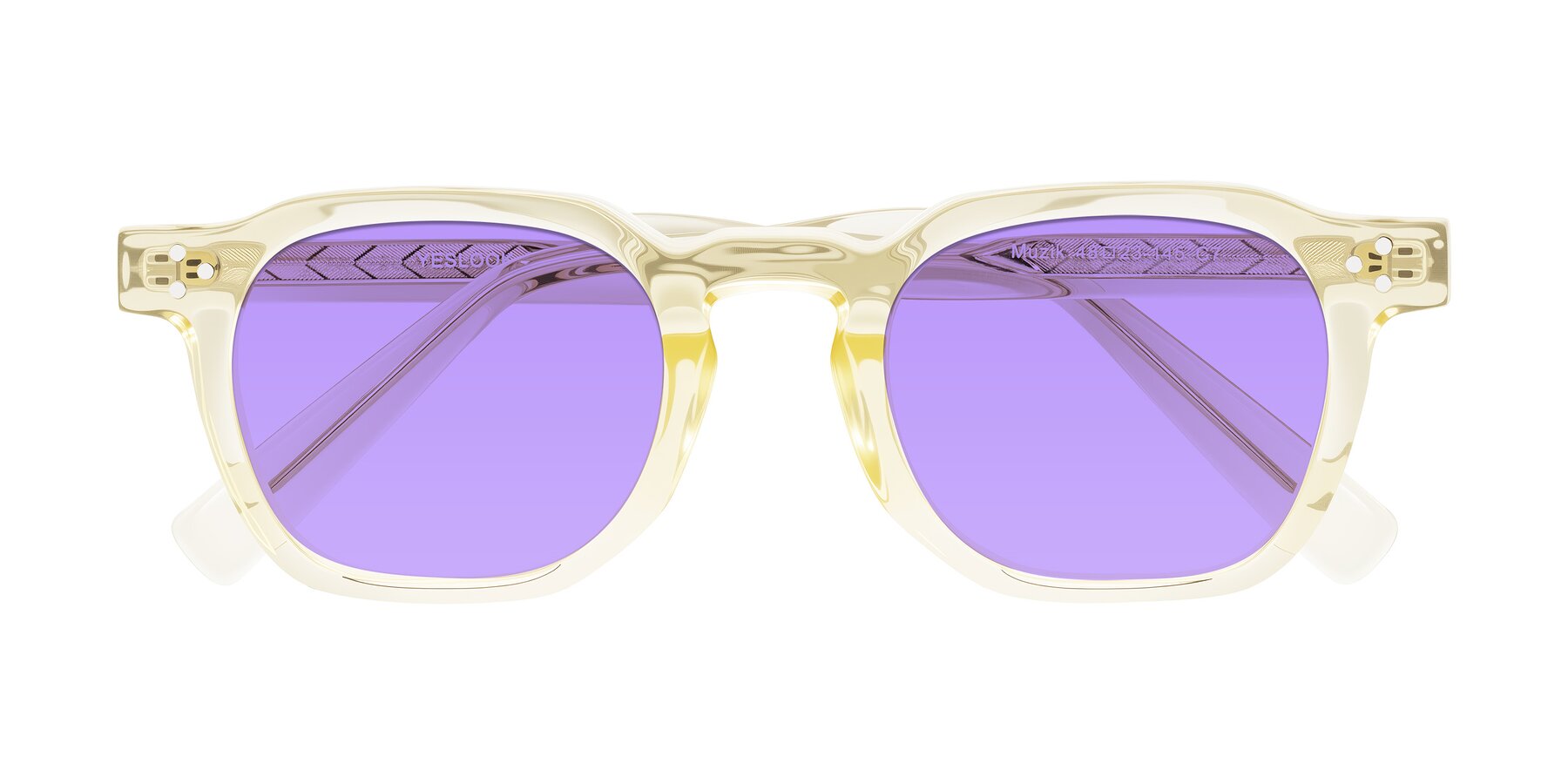 Folded Front of Muzik in Champagne to Dark Brown Shift with Medium Purple Tinted Lenses