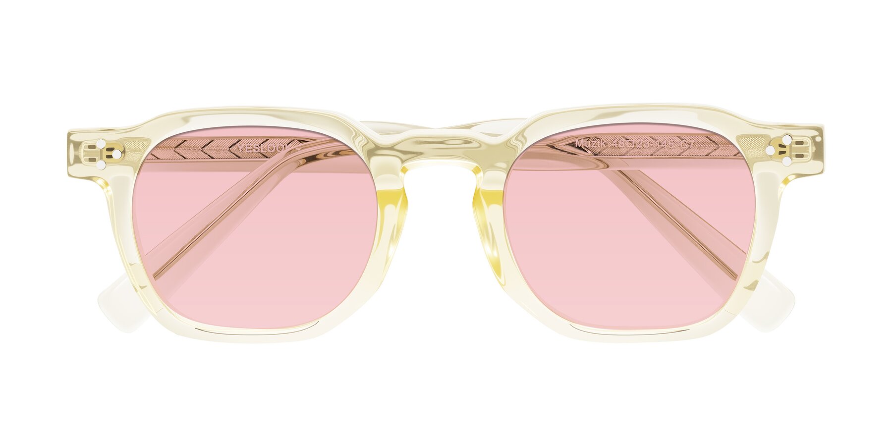 Folded Front of Muzik in Champagne to Dark Brown Shift with Light Garnet Tinted Lenses