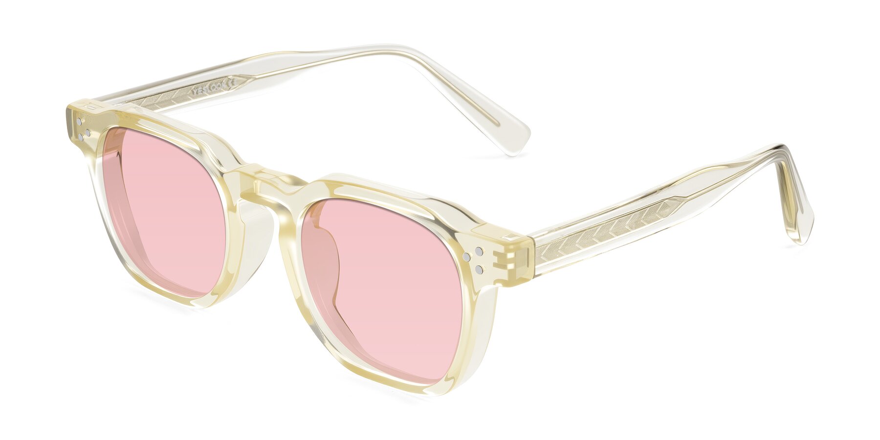 Angle of Muzik in Champagne to Dark Brown Shift with Light Garnet Tinted Lenses