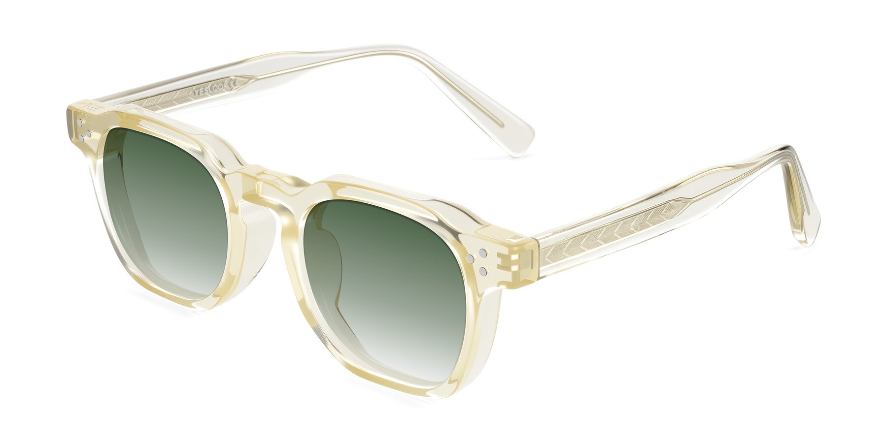 Angle of Muzik in Champagne to Dark Brown Shift with Green Gradient Lenses