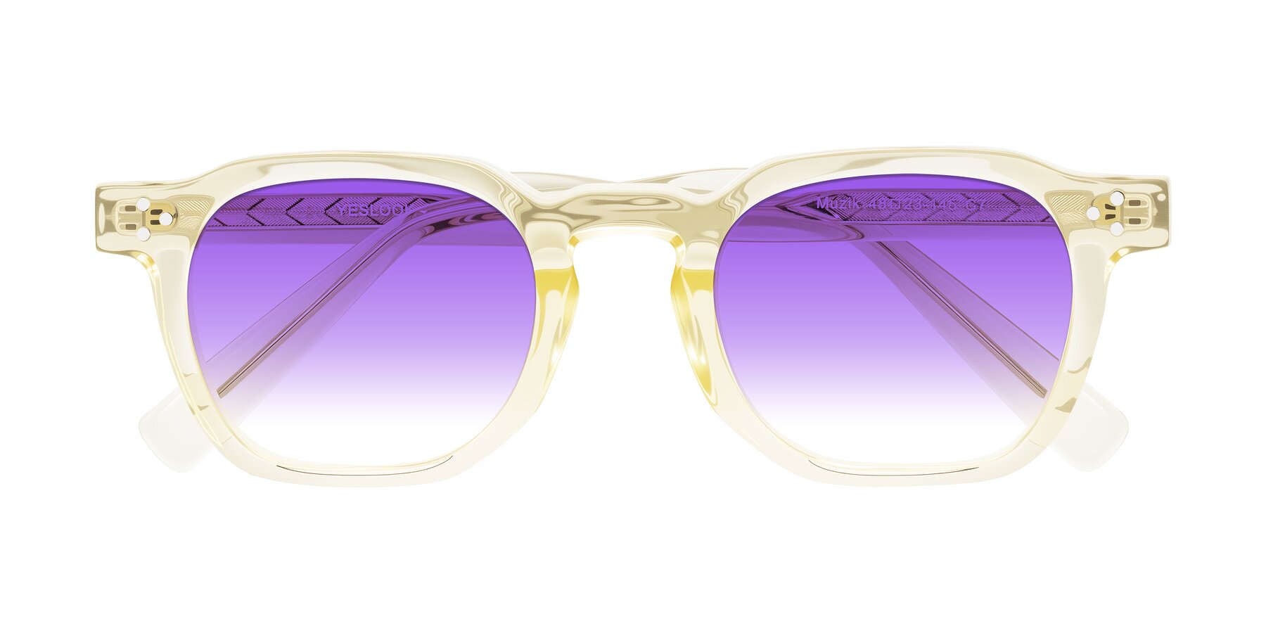 Folded Front of Muzik in Champagne to Dark Brown Shift with Purple Gradient Lenses
