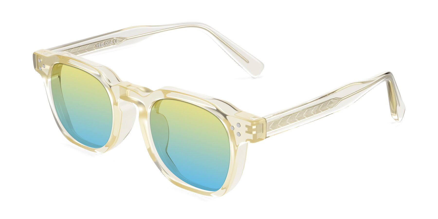 Angle of Muzik in Champagne to Dark Brown Shift with Yellow / Blue Gradient Lenses