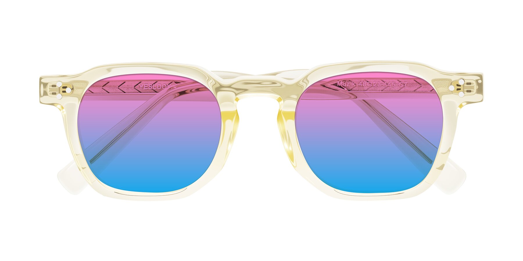Folded Front of Muzik in Champagne to Dark Brown Shift with Pink / Blue Gradient Lenses