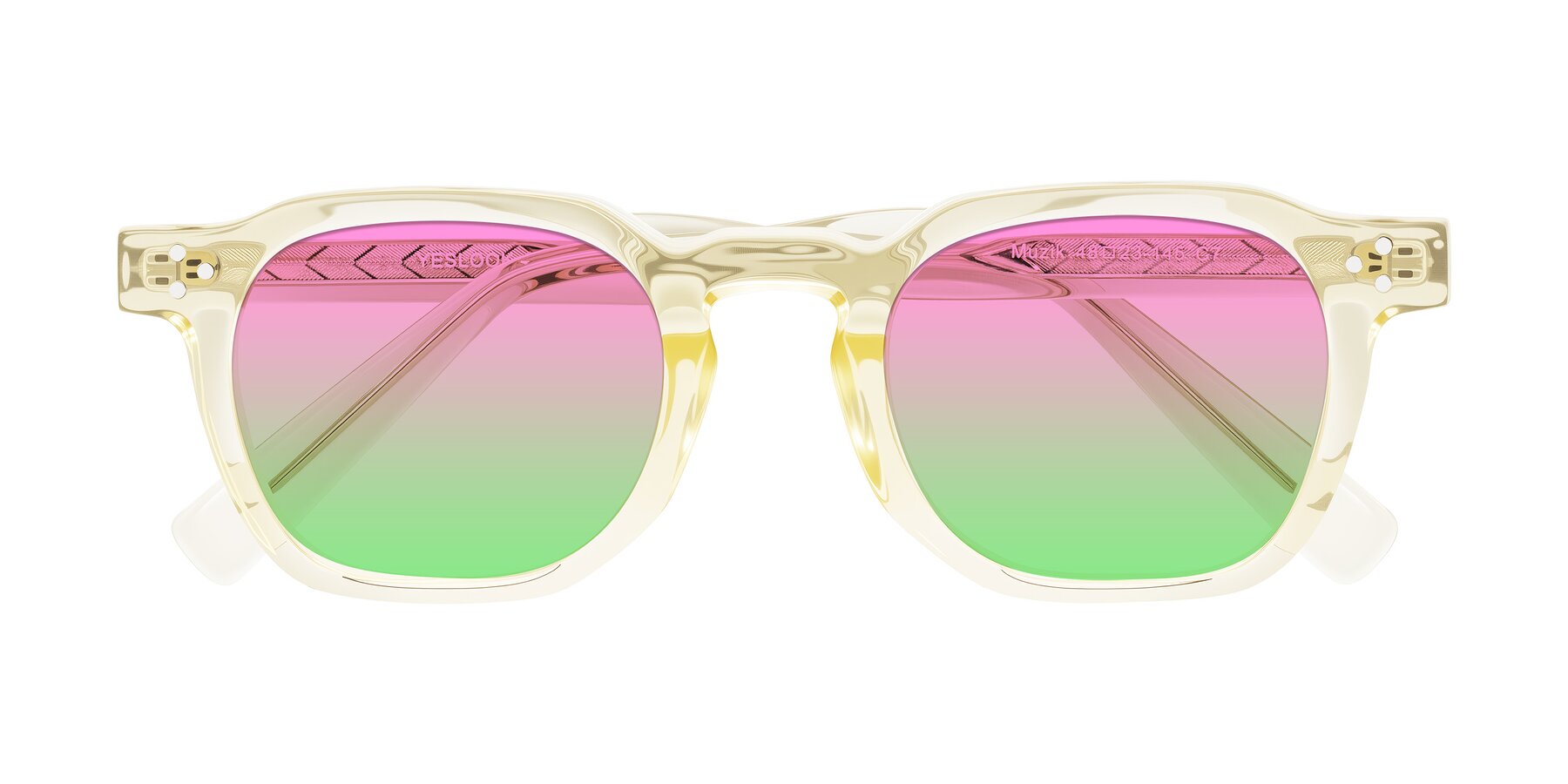 Folded Front of Muzik in Champagne to Dark Brown Shift with Pink / Green Gradient Lenses