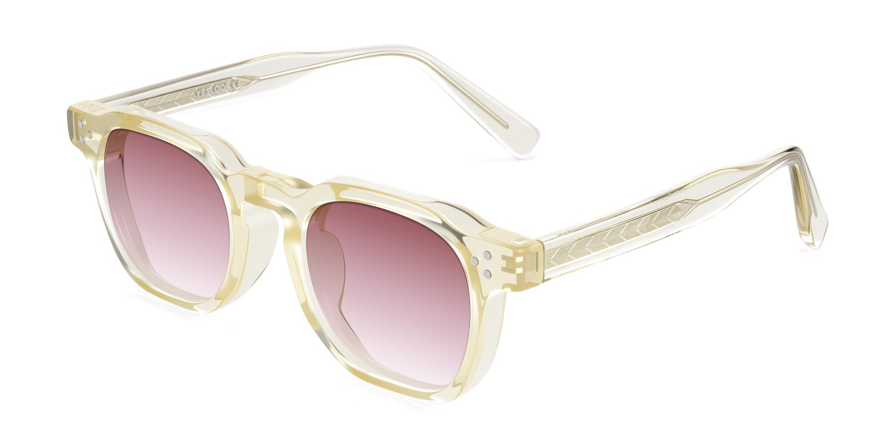 Angle of Muzik in Champagne to Dark Brown Shift with Garnet Gradient Lenses