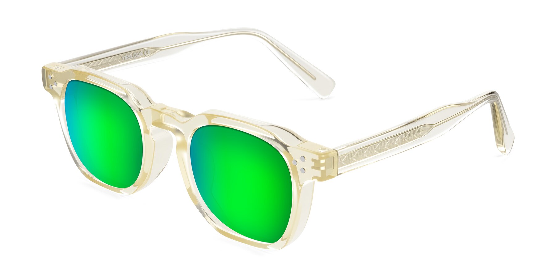 Angle of Muzik in Champagne to Dark Brown Shift with Green Mirrored Lenses