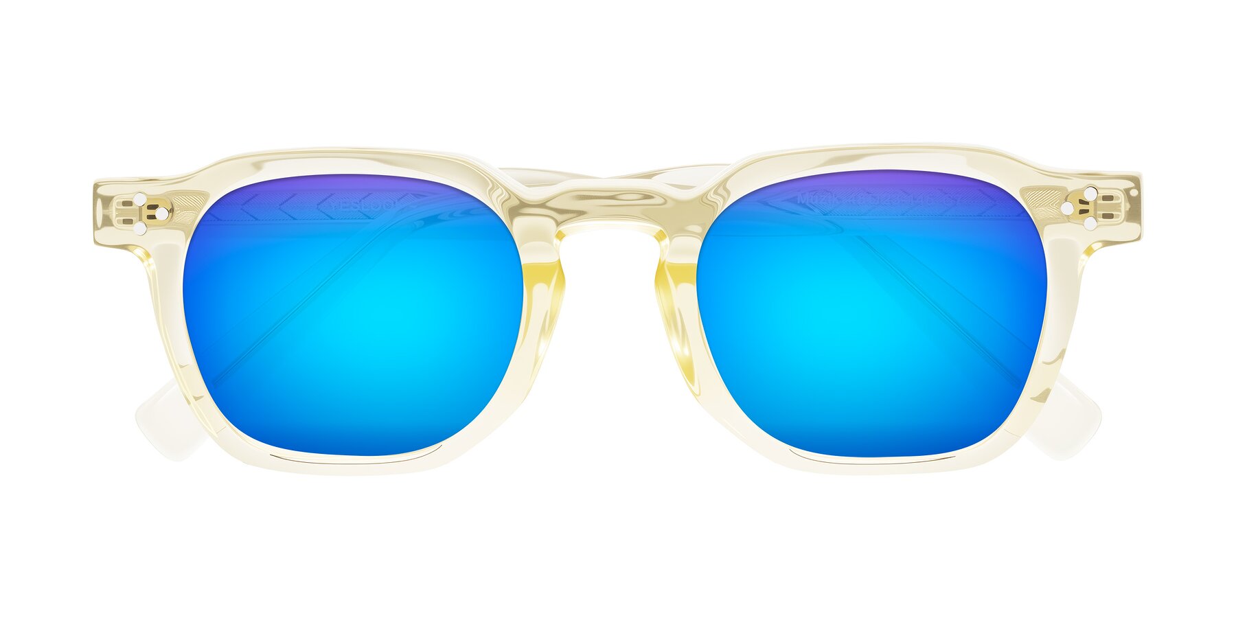 Folded Front of Muzik in Champagne to Dark Brown Shift with Blue Mirrored Lenses