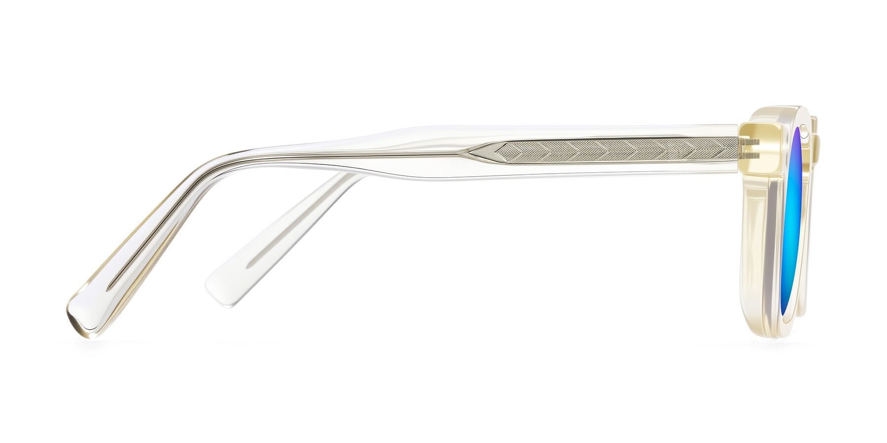 Side of Muzik in Champagne to Dark Brown Shift with Blue Mirrored Lenses